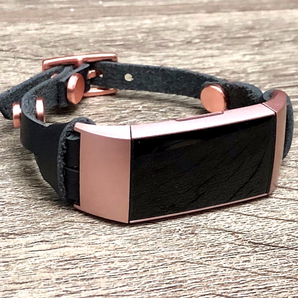 Rose Gold & Black Leather Fitbit Charge 3 Bracelet